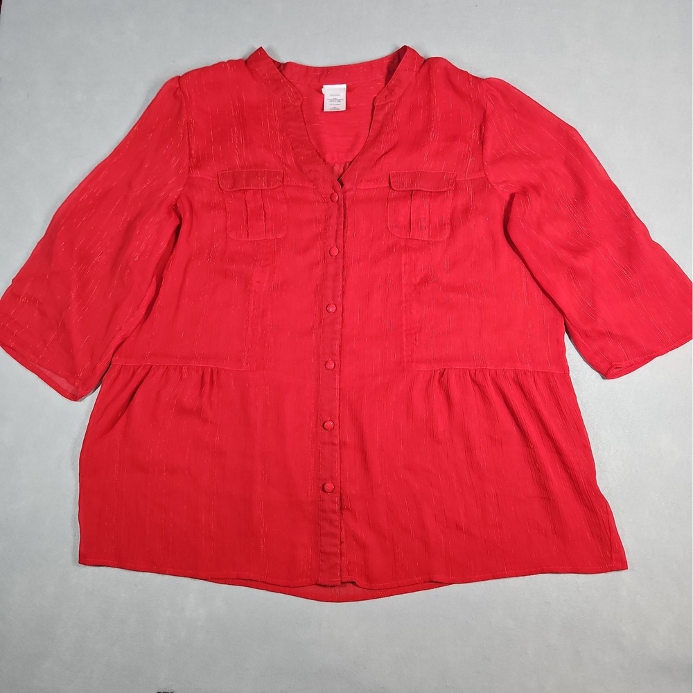 Just My Size Womens Red 3/4 Sleeve Button Up Blouse Size 2X